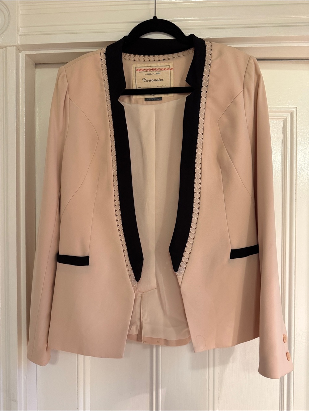 Anthropologie Blush Pink Open Blazer with Black Trim